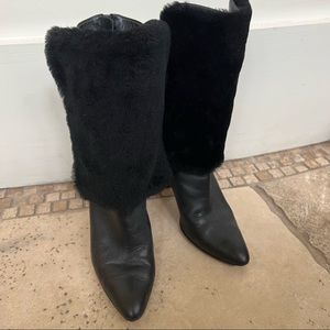 Leather Pointed Toe Boots With Detachable Fur Cuffs